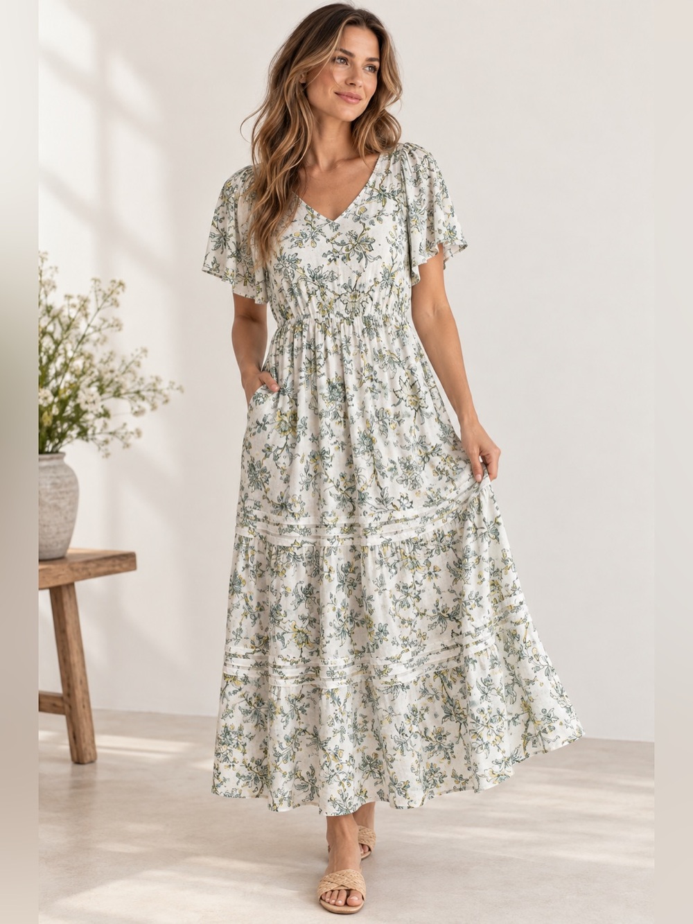 Laura Ashley Linen Floral Cottagecore Midi Maxi Dress Green White Sz 2X